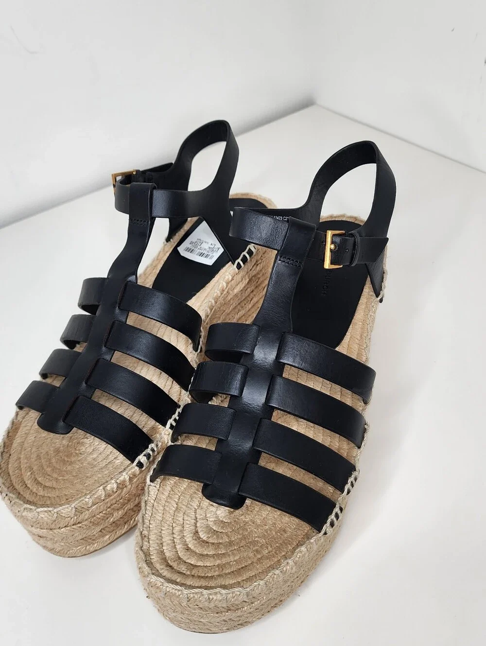 Tory Burch Fisherman Black Leather Espadrille Womens Wedge Sandals Size 11